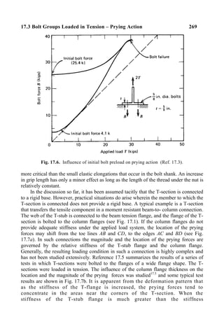17.3 Bolt Groups Loaded in Tension – Prying Action 269
Fig. 17.6. Influence of initial bolt preload on prying action (Ref. 17.3).
more critical than the small elastic elongations that occur in the bolt shank. An increase
in grip length has only a minor effect as long as the length of the thread under the nut is
relatively constant.
In the discussion so far, it has been assumed tacitly that the T-section is connected
to a rigid base. However, practical situations do arise wherein the member to which the
T-section is connected does not provide a rigid base. A typical example is a T-section
that transfers the tensile component in a moment resistant beam-to- column connection.
The web of the T-stub is connected to the beam tension flange, and the flange of the T-
section is bolted to the column flanges (see Fig. 17.1). If the column flanges do not
provide adequate stiffness under the applied load system, the location of the prying
forces may shift from the toe lines AB and CD, to the edges AC and BD (see Fig.
17.7a). In such connections the magnitude and the location of the prying forces are
governed by the relative stiffness of the T-stub flange and the column flange.
Generally, the resulting loading condition in such a connection is highly complex and
has not been studied extensively. Reference 17.5 summarizes the results of a series of
tests in which T-sections were bolted to the flanges of a wide flange shape. The T-
sections were loaded in tension. The influence of the column flange thickness on the
location and the magnitude of the prying forces was studied17.5
and some typical test
results are shown in Fig. 17.7b. It is apparent from the deformation pattern that
as the stiffness of the T-flange is increased, the prying forces tend to
concentrate in the areas near the corners of the T-section. When the
stiffness of the T-stub flange is much greater than the stiffness
 