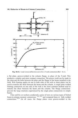 18.3 Behavior of Beam-to-Column Connections 303
Fig. 18.12. Load versus deflection curve for a T-stub connection (Ref. 16.1).
a flat plate, groove-welded to the column flange, in place of the T-stub. This
produces a simpler and more compact connection. The groove weld can be made in
the shop and the bolts between the plate and the flange of the beam installed in the
field. Web framing angles on one or both sides of the web or shear plates can be
used to transfer the shear between the beam and the column. A single plate welded
framing connection on one side of the web is the most common method used to
transfer the shear between the beam and the column. The flange connections
prevent the large rotations experienced by the single plate connections in simple
beams.
Chen and his co-workers conducted a series of tests on various types of bolted
beam-to-column moment connections 18.8, 18.9
and compared them to fully welded
connections.18.29
(In all cases, the flange plates were groove-welded to the
 