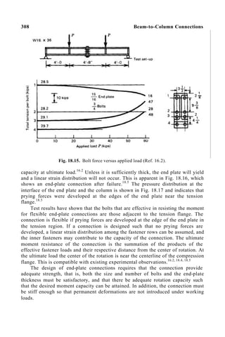 308 Beam-to-Column Connections
Fig. 18.15. Bolt force versus applied load (Ref. 16.2).
capacity at ultimate load.16.2
Unless it is sufficiently thick, the end plate will yield
and a linear strain distribution will not occur. This is apparent in Fig. 18.16, which
shows an end-plate connection after failure.18.5
The pressure distribution at the
interface of the end plate and the column is shown in Fig. 18.17 and indicates that
prying forces were developed at the edges of the end plate near the tension
flange.18.5
Test results have shown that the bolts that are effective in resisting the moment
for flexible end-plate connections are those adjacent to the tension flange. The
connection is flexible if prying forces are developed at the edge of the end plate in
the tension region. If a connection is designed such that no prying forces are
developed, a linear strain distribution among the fastener rows can be assumed, and
the inner fasteners may contribute to the capacity of the connection. The ultimate
moment resistance of the connection is the summation of the products of the
effective fastener loads and their respective distance from the center of rotation. At
the ultimate load the center of the rotation is near the centerline of the compression
flange. This is compatible with existing experimental observations.16.2, 18.4, 18.5
The design of end-plate connections requires that the connection provide
adequate strength, that is, both the size and number of bolts and the end-plate
thickness must be satisfactory, and that there be adequate rotation capacity such
that the desired moment capacity can be attained. In addition, the connection must
be stiff enough so that permanent deformations are not introduced under working
loads.
 