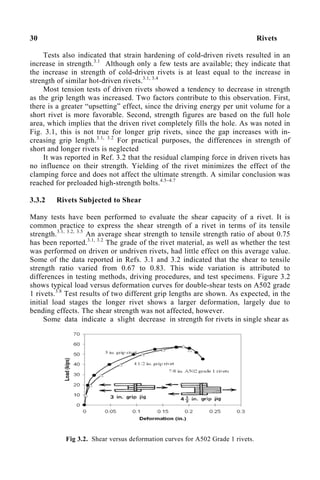30 Rivets
Tests also indicated that strain hardening of cold-driven rivets resulted in an
increase in strength.3.1
Although only a few tests are available; they indicate that
the increase in strength of cold-driven rivets is at least equal to the increase in
strength of similar hot-driven rivets.3.1, 3.4
Most tension tests of driven rivets showed a tendency to decrease in strength
as the grip length was increased. Two factors contribute to this observation. First,
there is a greater “upsetting” effect, since the driving energy per unit volume for a
short rivet is more favorable. Second, strength figures are based on the full hole
area, which implies that the driven rivet completely fills the hole. As was noted in
Fig. 3.1, this is not true for longer grip rivets, since the gap increases with in-
creasing grip length.3.1, 3.2
For practical purposes, the differences in strength of
short and longer rivets is neglected
It was reported in Ref. 3.2 that the residual clamping force in driven rivets has
no influence on their strength. Yielding of the rivet minimizes the effect of the
clamping force and does not affect the ultimate strength. A similar conclusion was
reached for preloaded high-strength bolts.4.5–4.7
3.3.2 Rivets Subjected to Shear
Many tests have been performed to evaluate the shear capacity of a rivet. It is
common practice to express the shear strength of a rivet in terms of its tensile
strength.3.1, 3.2, 3.5
An average shear strength to tensile strength ratio of about 0.75
has been reported.3.1, 3.2
The grade of the rivet material, as well as whether the test
was performed on driven or undriven rivets, had little effect on this average value.
Some of the data reported in Refs. 3.1 and 3.2 indicated that the shear to tensile
strength ratio varied from 0.67 to 0.83. This wide variation is attributed to
differences in testing methods, driving procedures, and test specimens. Figure 3.2
shows typical load versus deformation curves for double-shear tests on A502 grade
1 rivets.3.8
Test results of two different grip lengths are shown. As expected, in the
initial load stages the longer rivet shows a larger deformation, largely due to
bending effects. The shear strength was not affected, however.
Some data indicate a slight decrease in strength for rivets in single shear as
Fig 3.2. Shear versus deformation curves for A502 Grade 1 rivets.
 
