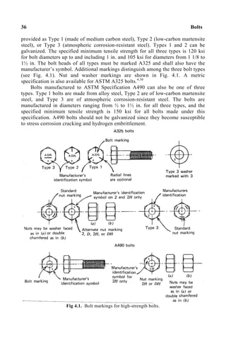 36 Bolts
provided as Type 1 (made of medium carbon steel), Type 2 (low-carbon martensite
steel), or Type 3 (atmospheric corrosion-resistant steel). Types 1 and 2 can be
galvanized. The specified minimum tensile strength for all three types is 120 ksi
for bolt diameters up to and including 1 in. and 105 ksi for diameters from 1 1/8 to
1½ in. The bolt heads of all types must be marked A325 and shall also have the
manufacturer’s symbol. Additional markings distinguish among the three bolt types
(see Fig. 4.1). Nut and washer markings are shown in Fig. 4.1. A metric
specification is also available for ASTM A325 bolts.4.30
Bolts manufactured to ASTM Specification A490 can also be one of three
types. Type 1 bolts are made from alloy steel, Type 2 are of low-carbon martensite
steel, and Type 3 are of atmospheric corrosion-resistant steel. The bolts are
manufactured in diameters ranging from ½ to 1½ in. for all three types, and the
specified minimum tensile strength is 150 ksi for all bolts made under this
specification. A490 bolts should not be galvanized since they become susceptible
to stress corrosion cracking and hydrogen embrittlement.
Fig 4.1. Bolt markings for high-strength bolts.
 
