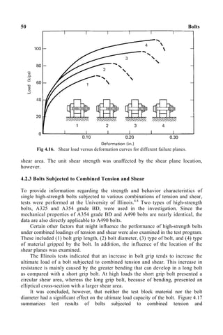 50 Bolts
Fig 4.16. Shear load versus deformation curves for different failure planes.
shear area. The unit shear strength was unaffected by the shear plane location,
however.
4.2.3 Bolts Subjected to Combined Tension and Shear
To provide information regarding the strength and behavior characteristics of
single high-strength bolts subjected to various combinations of tension and shear,
tests were performed at the University of Illinois.4.8
Two types of high-strength
bolts, A325 and A354 grade BD, were used in the investigation. Since the
mechanical properties of A354 grade BD and A490 bolts are nearly identical, the
data are also directly applicable to A490 bolts.
Certain other factors that might influence the performance of high-strength bolts
under combined loadings of tension and shear were also examined in the test program.
These included (1) bolt grip length, (2) bolt diameter, (3) type of bolt, and (4) type
of material gripped by the bolt. In addition, the influence of the location of the
shear planes was examined.
The Illinois tests indicated that an increase in bolt grip tends to increase the
ultimate load of a bolt subjected to combined tension and shear. This increase in
resistance is mainly caused by the greater bending that can develop in a long bolt
as compared with a short grip bolt. At high loads the short grip bolt presented a
circular shear area, whereas the long grip bolt, because of bending, presented an
elliptical cross-section with a larger shear area.
It was concluded, however, that neither the test block material nor the bolt
diameter had a significant effect on the ultimate load capacity of the bolt. Figure 4.17
summarizes test results of bolts subjected to combined tension and
 