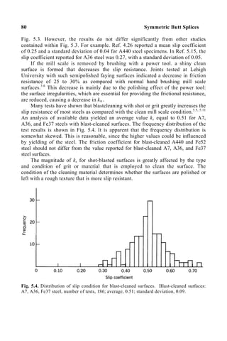 80 Symmetric Butt Splices
Fig. 5.3. However, the results do not differ significantly from other studies
contained within Fig. 5.3. For example. Ref. 4.26 reported a mean slip coefficient
of 0.25 and a standard deviation of 0.04 for A440 steel specimens. In Ref. 5.15, the
slip coefficient reported for A36 steel was 0.27, with a standard deviation of 0.05.
If the mill scale is removed by brushing with a power tool. a shiny clean
surface is formed that decreases the slip resistance. Joints tested at Lehigh
University with such semipolished faying surfaces indicated a decrease in friction
resistance of 25 to 30% as compared with normal hand brushing mill scale
surfaces.5.6
This decrease is mainly due to the polishing effect of the power tool:
the surface irregularities, which are essential for providing the frictional resistance,
are reduced, causing a decrease in ks .
Many tests have shown that blastcleaning with shot or grit greatly increases the
slip resistance of most steels as compared with the clean mill scale condition.5.5, 5.11
An analysis of available data yielded an average value ks equal to 0.51 for A7,
A36, and Fe37 steels with blast-cleaned surfaces. The frequency distribution of the
test results is shown in Fig. 5.4. It is apparent that the frequency distribution is
somewhat skewed. This is reasonable, since the higher values could be influenced
by yielding of the steel. The friction coefficient for blast-cleaned A440 and Fe52
steel should not differ from the value reported for blast-cleaned A7, A36, and Fe37
steel surfaces.
The magnitude of ks for shot-blasted surfaces is greatly affected by the type
and condition of grit or material that is employed to clean the surface. The
condition of the cleaning material determines whether the surfaces are polished or
left with a rough texture that is more slip resistant.
Fig. 5.4. Distribution of slip condition for blast-cleaned surfaces. Blast-cleaned surfaces:
A7, A36, Fe37 steel, number of tests, 186; average, 0.51; standard deviation, 0.09.
 