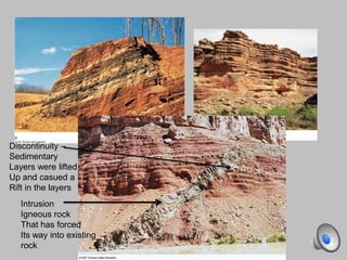 Intrusion
Igneous rock
That has forced
Its way into existing
rock
Discontinuity –
Sedimentary
Layers were lifted
Up and casued a
Rift in the layers
 