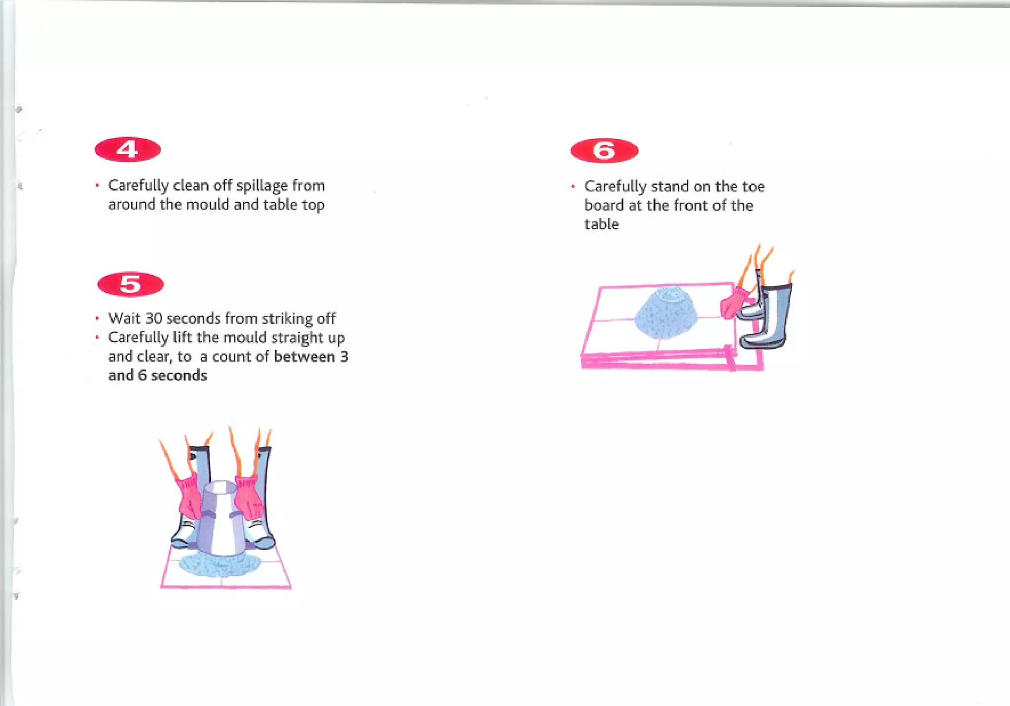 '   Carefullyclean off spillage from       Carefully stand on the toe
     around the mould and table top         board at the front of the
                                            table




     Wait 30 seconds from striking off
     Carefully lift the mould straight up
     and clear, to a count of between 3
     and 6 seconds
 