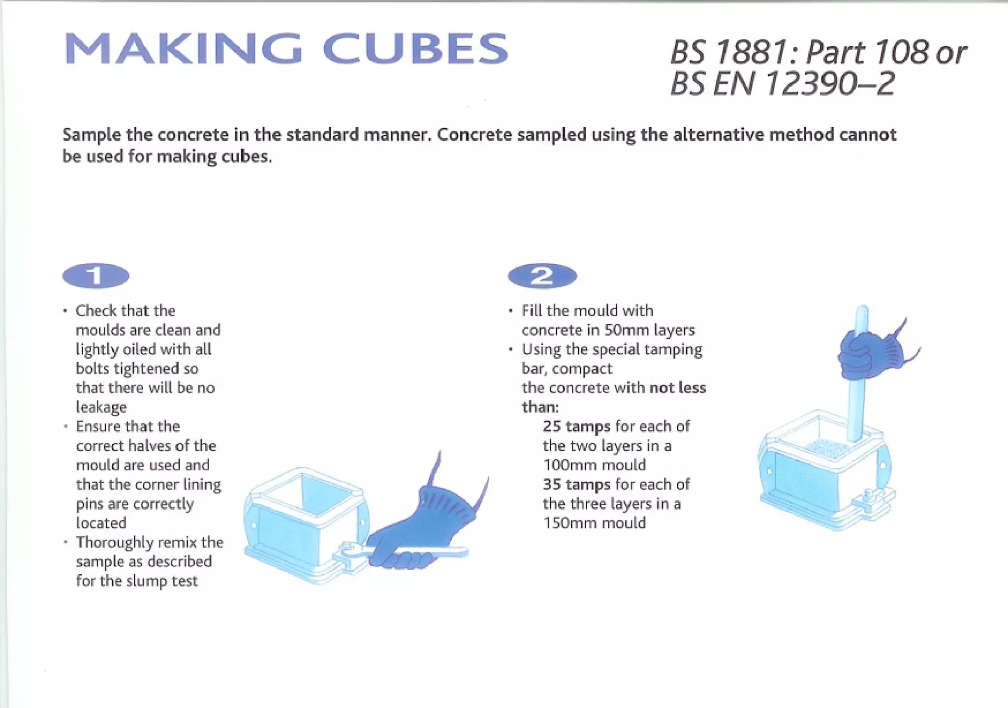 MAKING                          CUBES                                                BS 1881: Part 108 or
                                                                                     BS EN 12390-2
Sample the concrete in the standard   manner.   Concrete    sampled       using the alternative   method   cannot
be used for making cubes.




  Check that the                                           . Fill the   mould with
  moulds are clean and                                       concrete in 50mm layers
 lightly oiled with all                                    . Using the special   tamping
 bolts tightened so                                          bar. compact
 that there will be no                                       the concrete with not less
                                                             than:
. leakage that the
  Ensure                                                        25 tamps for each of
  correct halves of the                                         the two layers in a
  mould are used and                                            100mm mould
  that the corner lining                                        35 tamps for each of
  pins are correctly                                            the three layers in a
  located                                                       150mm mould
. Thoroughly   remix the
 sample as described
 for the slump test
 
