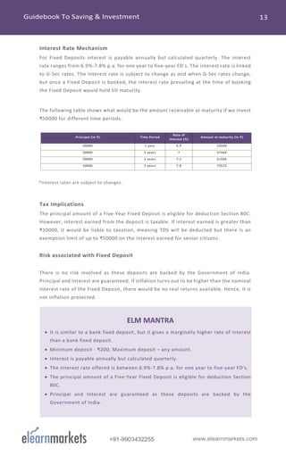 www.elearnmarkets.com+91-9903432255
Interest Rate Mechanism
For Fixed Deposits interest is payable annually but calculated quarterly. The interest
rate ranges from 6.9%-7.8% p.a. for one year to five-year FD's. The interest rate is linked
to G-Sec rates. The interest rate is subject to change as and when G-Sec rates change,
but once a Fixed Deposit is booked, the interest rate prevailing at the time of booking
the Fixed Deposit would hold till maturity.
The following table shows what would be the amount receivable at maturity if we invest
₹50000 for different time periods:
Principal (In ₹) Time Period
Rate of
interest (%)
Amount at maturity (In ₹)
50000 1 year 6.9 53540
50000 2 years 7 57444
50000 3 years 7.2 61936
50000 5 years 7.8 73572
*Interest rates are subject to changes.
Tax Implications
The principal amount of a Five-Year Fixed Deposit is eligible for deduction Section 80C.
However, interest earned from the deposit is taxable. If interest earned is greater than
₹10000, it would be liable to taxation, meaning TDS will be deducted but there is an
exemption limit of up to ₹50000 on the interest earned for senior citizens.
Risk associated with Fixed Deposit
There is no risk involved as these deposits are backed by the Government of India.
Principal and Interest are guaranteed. If inflation turns out to be higher than the nominal
interest rate of the Fixed Deposit, there would be no real returns available. Hence, it is
not inflation protected.
ELM MANTRA
• It is similar to a bank fixed deposit, but it gives a marginally higher rate of interest
than a bank fixed deposit.
• Minimum deposit - ₹200; Maximum deposit – any amount.
• Interest is payable annually but calculated quarterly.
• The interest rate offered is between 6.9%-7.8% p.a. for one year to five-year FD's.
• The principal amount of a Five-Year Fixed Deposit is eligible for deduction Section
80C.
• Principal and Interest are guaranteed as these deposits are backed by the
Government of India.
 