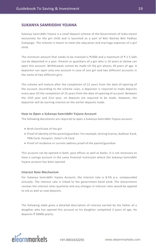 www.elearnmarkets.com+91-9903432255
SUKANYA SAMRIDDHI YOJANA
Sukanya Samriddhi Yojana is a small deposit scheme of the Government of India meant
exclusively for the girl child and is launched as a part of Beti Bachao Beti Padhao
Campaign. The scheme is meant to meet the education and marriage expenses of a girl
child.
The minimum amount that needs to be invested is ₹1000 and a maximum of ₹ 1.5 lakh
can be deposited in a year. Parents or guardians of a girl who is 10 years or below can
open this account. Withdrawals cannot be made till the girl attains 18 years of age. A
depositor can open only one account in case of one girl and two different accounts in
the name of two different girls.
The scheme will mature after the completion of 21 years from the date of opening of
the account. According to the scheme rules, a depositor is required to make deposits
every year till the completion of 15 years from the date of opening of account. Between
the 15th year and 21st year, no deposits are required to be made. However, the
depositor will be earning interest on the earlier deposits made.
How to Open a Sukanya Samriddhi Yojana Account
The following documents are required to open a Sukanya Samriddhi Yojana account:
• Birth Certificate of the girl
• Proof of identity of the parent/guardian. For example, driving license, Aadhaar Card,
PAN Card, Passport, Voter’s ID Card
• Proof of residence or current address proof of the parent/guardian
This account can be opened in both, post offices as well as banks. It is not necessary to
have a savings account in the same financial institution where the Sukanya Samriddhi
Yojana account has been opened.
Interest Rate Mechanism
For Sukanya Samriddhi Yojana Account, the interest rate is 8.5% p.a. compounded
annually. The interest rate is linked to the government bond yield. The Government
reviews the interest rates quarterly and any changes in interest rates would be applied
to old as well as new deposits.
The following table gives a detailed description of interest earned by the father of a
daughter who has opened this account as his daughter completed 2 years of age. He
deposits ₹ 50000 yearly:
 