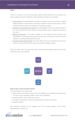 www.elearnmarkets.com+91-9903432255
Riders
A rider is an add-on to the primary policy, which offers benefits over and above the
policy subject to certain conditions. Some examples of riders are as follows:
• Critical Illness: The policyholder is entitled to receive a lump sum amount on being
diagnosed with a critical illness. This rider is added to life insurance policy. Critical
Illnesses that are covered are defined in the policy wording.
• Disability or dismemberment benefit: The policyholder receives an amount equal to
the sum assured of the base policy on being afflicted with a disability covered by
the rider.
• Waiver of Premium: This rider is added to a life insurance policy wherein the
policyholder is not required to pay future premiums on the policy in the event of an
accident or mishap as defined by the rider.
• Accidental Death Benefit Rider: This rider adds to the sum assured of a life insurance
policy in case the policy holder meets an accident leading to death.
There are other riders like level term cover, guaranteed insurability option, term rider
which have their own benefits.
How to buy a Life Insurance Policy
Fill the proposal form and provide:
• Date of birth and identity proof such as the Aadhaar card, passport, Driving license
or Voter ID card. However, Aadhar card is now mandatory.
• Income proof in case of high-value covers
• A medical-examination certificate depending on the age or the cover
• Nominee details
Life Insurance Policies can be bought from life insurance agents, some banks,
telemarketing, internet etc.
RIDERS
CRITICAL
ILLNESS
ACCIDENTAL
DEATH
BENEFIT
WAIVER
OF
PREMIUM
DISABILITY
BENEFIT
 