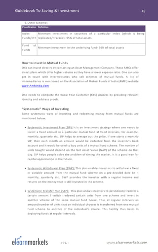 www.elearnmarkets.com+91-
5. Other Schemes
Classification Definition
Index
Funds/ETF
Minimum investment in securities of a particular index (which is being
replicated/ tracked)- 95% of total assets
Fund of
Funds
Minimum investment in the underlying fund- 95% of total assets
How to invest in Mutual Funds
One can invest directly by contacting an Asset Management Company. These AMCs offer
direct plans which offer higher returns as they have a lower expense ratio. One can also
get in touch with intermediaries who sell schemes of mutual funds. A list of
intermediaries is mentioned on the Association of Mutual Funds of India (AMFI) website
www.AmfiIndia.com
One needs to complete the Know Your Customer (KYC) process by providing relevant
identity and address proofs.
“Systematic” Ways of Investing
Some systematic ways of investing and redeeming money from mutual funds are
mentioned below:
• Systematic Investment Plan (SIP): It is an investment strategy where one needs to
invest a fixed amount in a particular mutual fund at fixed intervals, for example,
monthly, quarterly etc. SIP helps to average out the price. If one starts a monthly
SIP, then each month an amount would be deducted from the investor’s bank
account and it would be used to buy units of a mutual fund scheme. The number of
units bought would depend on the Net Asset Value (NAV) of the scheme on that
day. SIP helps people solve the problem of timing the market. It is a good way for
capital appreciation in the future.
• Systematic Withdrawal Plan (SWP): This plan enables investors to withdraw a fixed
or variable amount from the mutual fund scheme on a pre-decided date be it
monthly, quarterly etc. SWP provides the investor with a regular income and
returns on the money that is still invested in the scheme.
• Systematic Transfer Plan (STP): This plan allows investors to periodically transfer a
certain amount / switch (redeem) certain units from one scheme and invest in
another scheme of the same mutual fund house. Thus at regular intervals an
amount/number of units that an individual chooses is transferred from one mutual
fund scheme to another of the individual’s choice. This facility thus helps in
deploying funds at regular intervals.
 