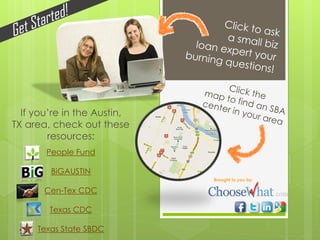 Brought to you by:
If you’re in the Austin,
TX area, check out these
resources:
People Fund
BiGAUSTIN
Cen-Tex CDC
Texas CDC
Texas State SBDC
 