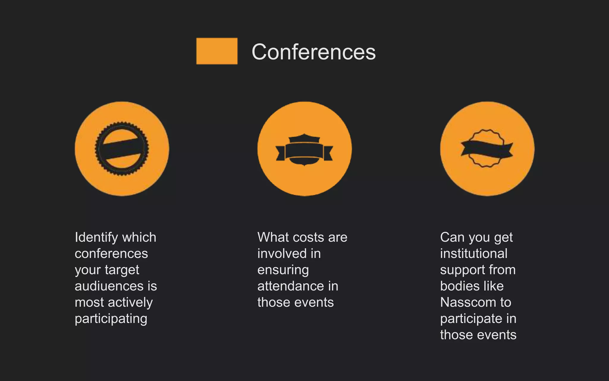 Conferences
Identify which
conferences
your target
audiuences is
most actively
participating
What costs are
involved in
ensuring
attendance in
those events
Can you get
institutional
support from
bodies like
Nasscom to
participate in
those events
 