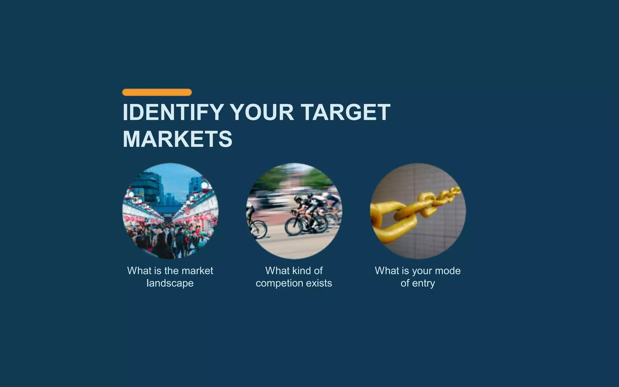 IDENTIFY YOUR TARGET
MARKETS
What is the market
landscape
What kind of
competion exists
What is your mode
of entry
 