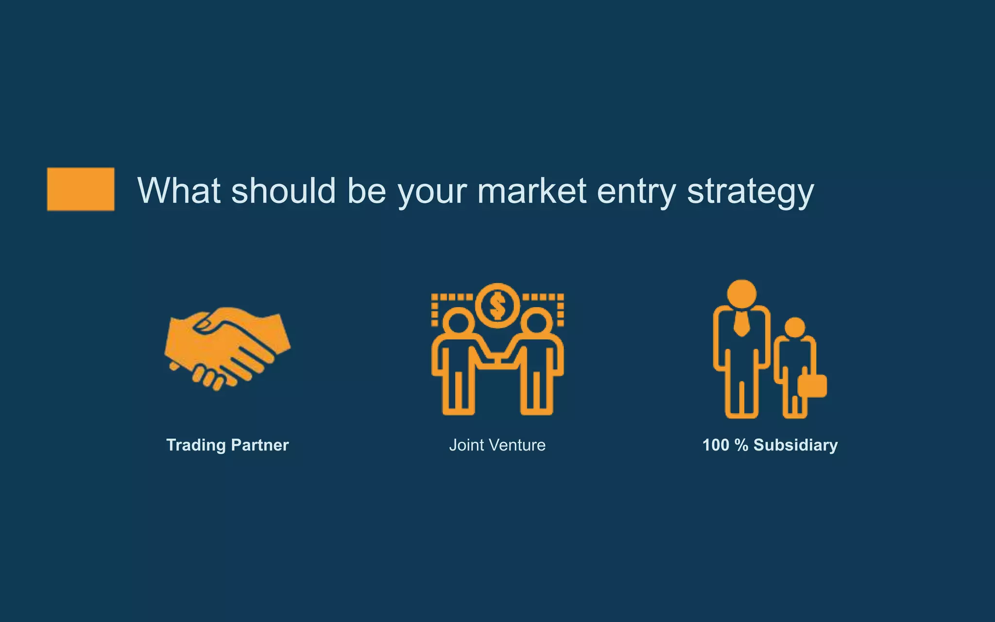 What should be your market entry strategy
Joint Venture
Trading Partner 100 % Subsidiary
 