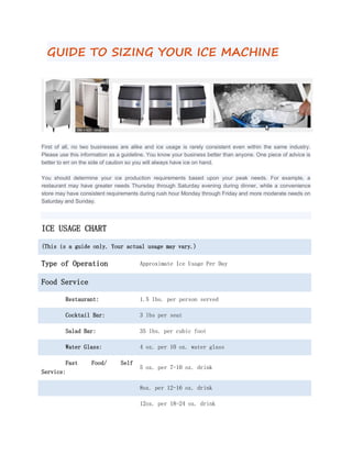 GUIDE TO SIZING YOUR ICE MACHINE
First of all, no two businesses are alike and ice usage is rarely consistent even within the same industry.
Please use this information as a guideline. You know your business better than anyone. One piece of advice is
better to err on the side of caution so you will always have ice on hand.
You should determine your ice production requirements based upon your peak needs. For example, a
restaurant may have greater needs Thursday through Saturday evening during dinner, while a convenience
store may have consistent requirements during rush hour Monday through Friday and more moderate needs on
Saturday and Sunday.
ICE USAGE CHART
(This is a guide only. Your actual usage may vary.)
Type of Operation Approximate Ice Usage Per Day
Food Service
Restaurant: 1.5 lbs. per person served
Cocktail Bar: 3 lbs per seat
Salad Bar: 35 lbs. per cubic foot
Water Glass: 4 oz. per 10 oz. water glass
Fast Food/ Self
Service:
5 oz. per 7-10 oz. drink
8oz. per 12-16 oz. drink
12oz. per 18-24 oz. drink
 