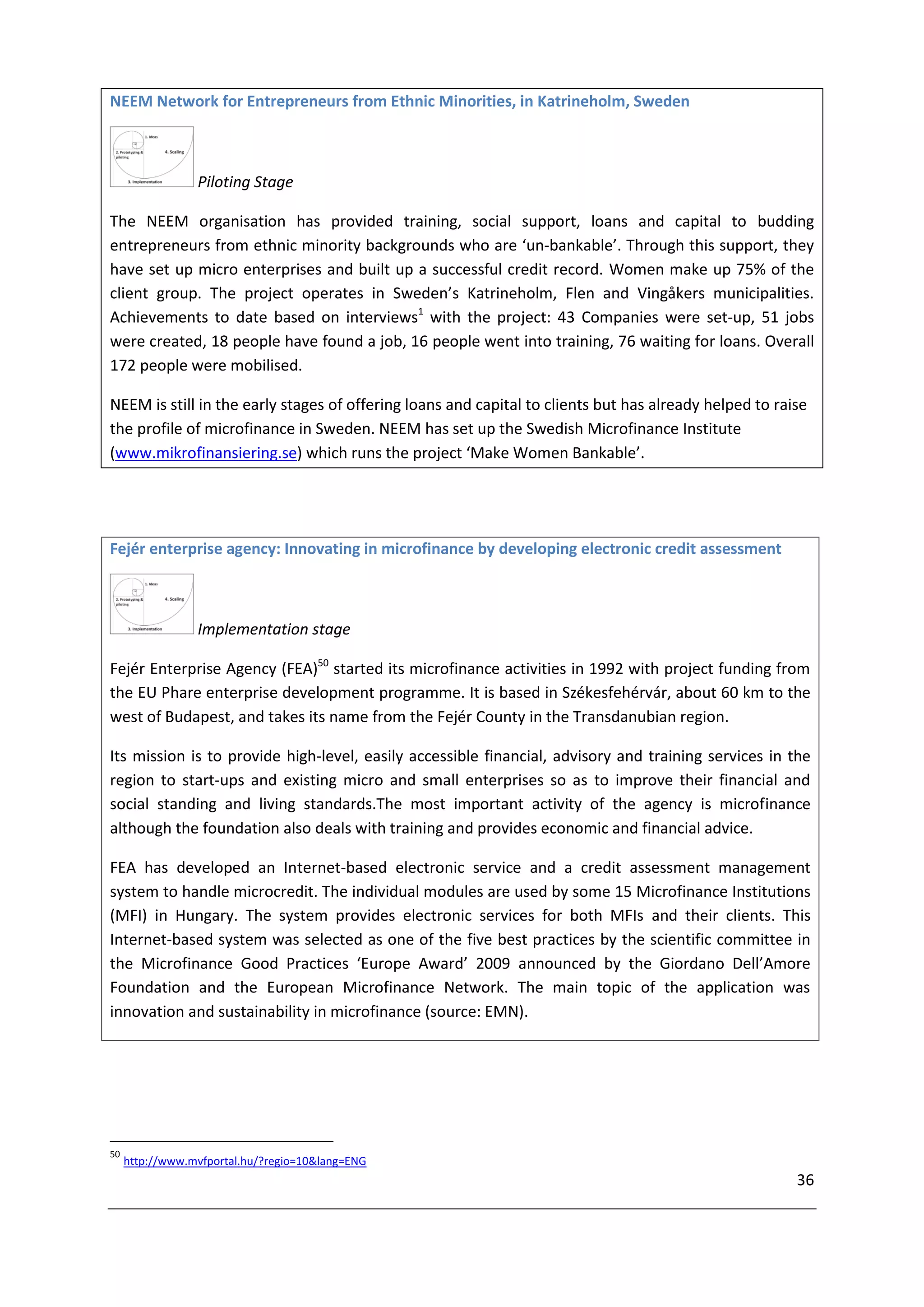 NEEM Network for Entrepreneurs from Ethnic Minorities, in Katrineholm, Sweden



                 Piloting Stage

The NEEM organisation has provided training, social support, loans and capital to budding
entrepreneurs from ethnic minority backgrounds who are ‘un-bankable’. Through this support, they
have set up micro enterprises and built up a successful credit record. Women make up 75% of the
client group. The project operates in Sweden’s Katrineholm, Flen and Vingåkers municipalities.
Achievements to date based on interviews1 with the project: 43 Companies were set-up, 51 jobs
were created, 18 people have found a job, 16 people went into training, 76 waiting for loans. Overall
172 people were mobilised.

NEEM is still in the early stages of offering loans and capital to clients but has already helped to raise
the profile of microfinance in Sweden. NEEM has set up the Swedish Microfinance Institute
(www.mikrofinansiering.se) which runs the project ‘Make Women Bankable’.




Fejér enterprise agency: Innovating in microfinance by developing electronic credit assessment



                 Implementation stage

Fejér Enterprise Agency (FEA)50 started its microfinance activities in 1992 with project funding from
the EU Phare enterprise development programme. It is based in Székesfehérvár, about 60 km to the
west of Budapest, and takes its name from the Fejér County in the Transdanubian region.

Its mission is to provide high-level, easily accessible financial, advisory and training services in the
region to start-ups and existing micro and small enterprises so as to improve their financial and
social standing and living standards.The most important activity of the agency is microfinance
although the foundation also deals with training and provides economic and financial advice.

FEA has developed an Internet-based electronic service and a credit assessment management
system to handle microcredit. The individual modules are used by some 15 Microfinance Institutions
(MFI) in Hungary. The system provides electronic services for both MFIs and their clients. This
Internet-based system was selected as one of the five best practices by the scientific committee in
the Microfinance Good Practices ‘Europe Award’ 2009 announced by the Giordano Dell’Amore
Foundation and the European Microfinance Network. The main topic of the application was
innovation and sustainability in microfinance (source: EMN).




50
     http://www.mvfportal.hu/?regio=10&lang=ENG
                                                                                                        36
 