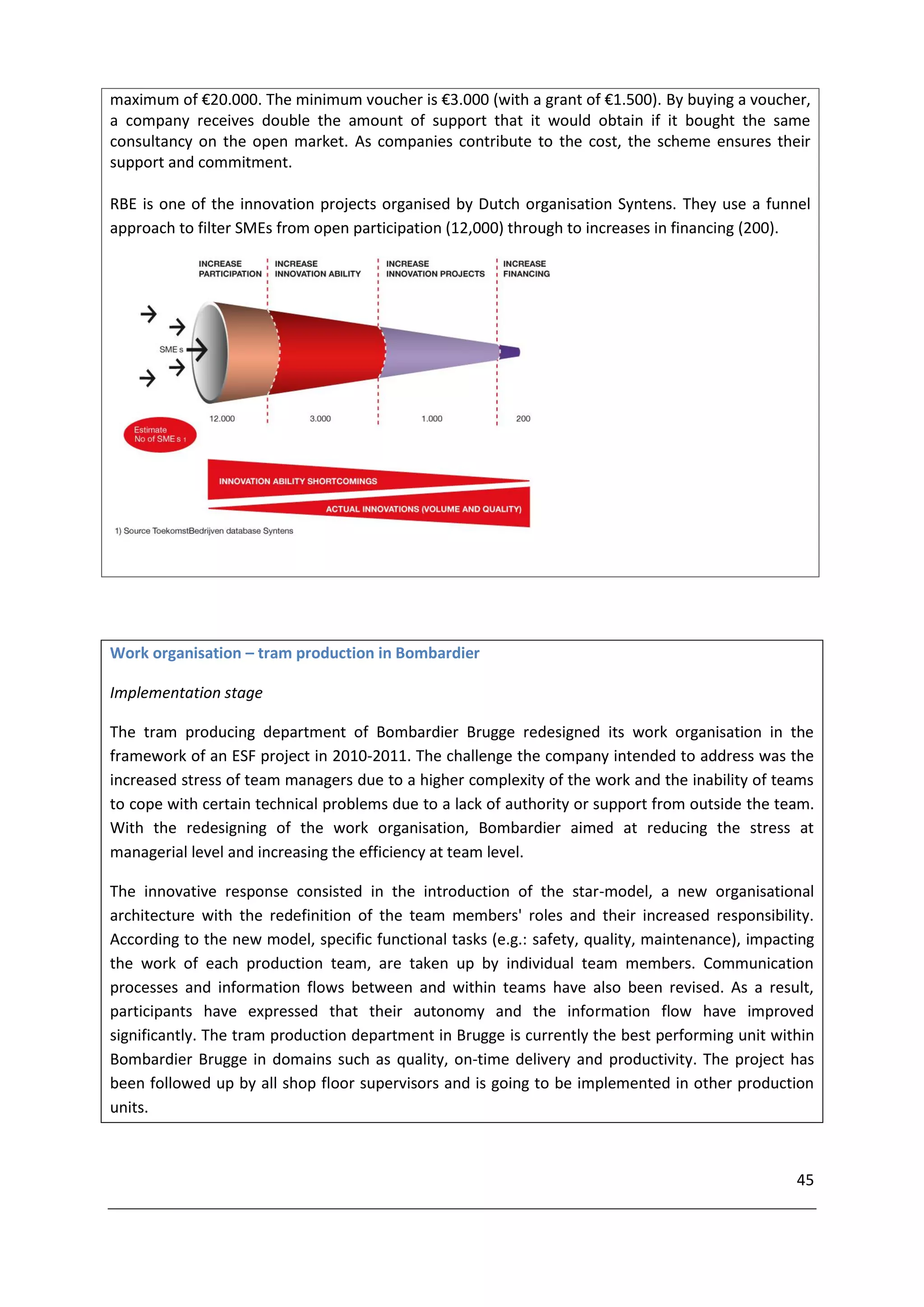 maximum of €20.000. The minimum voucher is €3.000 (with a grant of €1.500). By buying a voucher,
a company receives double the amount of support that it would obtain if it bought the same
consultancy on the open market. As companies contribute to the cost, the scheme ensures their
support and commitment.

RBE is one of the innovation projects organised by Dutch organisation Syntens. They use a funnel
approach to filter SMEs from open participation (12,000) through to increases in financing (200).




Work organisation – tram production in Bombardier

Implementation stage

The tram producing department of Bombardier Brugge redesigned its work organisation in the
framework of an ESF project in 2010-2011. The challenge the company intended to address was the
increased stress of team managers due to a higher complexity of the work and the inability of teams
to cope with certain technical problems due to a lack of authority or support from outside the team.
With the redesigning of the work organisation, Bombardier aimed at reducing the stress at
managerial level and increasing the efficiency at team level.

The innovative response consisted in the introduction of the star-model, a new organisational
architecture with the redefinition of the team members' roles and their increased responsibility.
According to the new model, specific functional tasks (e.g.: safety, quality, maintenance), impacting
the work of each production team, are taken up by individual team members. Communication
processes and information flows between and within teams have also been revised. As a result,
participants have expressed that their autonomy and the information flow have improved
significantly. The tram production department in Brugge is currently the best performing unit within
Bombardier Brugge in domains such as quality, on-time delivery and productivity. The project has
been followed up by all shop floor supervisors and is going to be implemented in other production
units.



                                                                                                  45
 