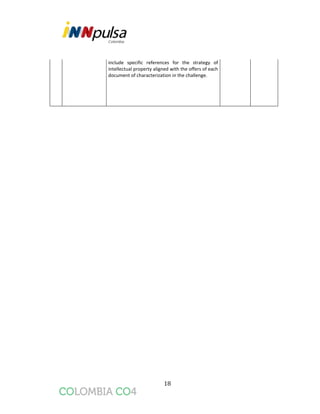 18
include specific references for the strategy of
intellectual property aligned with the offers of each
document of characterization in the challenge.
 