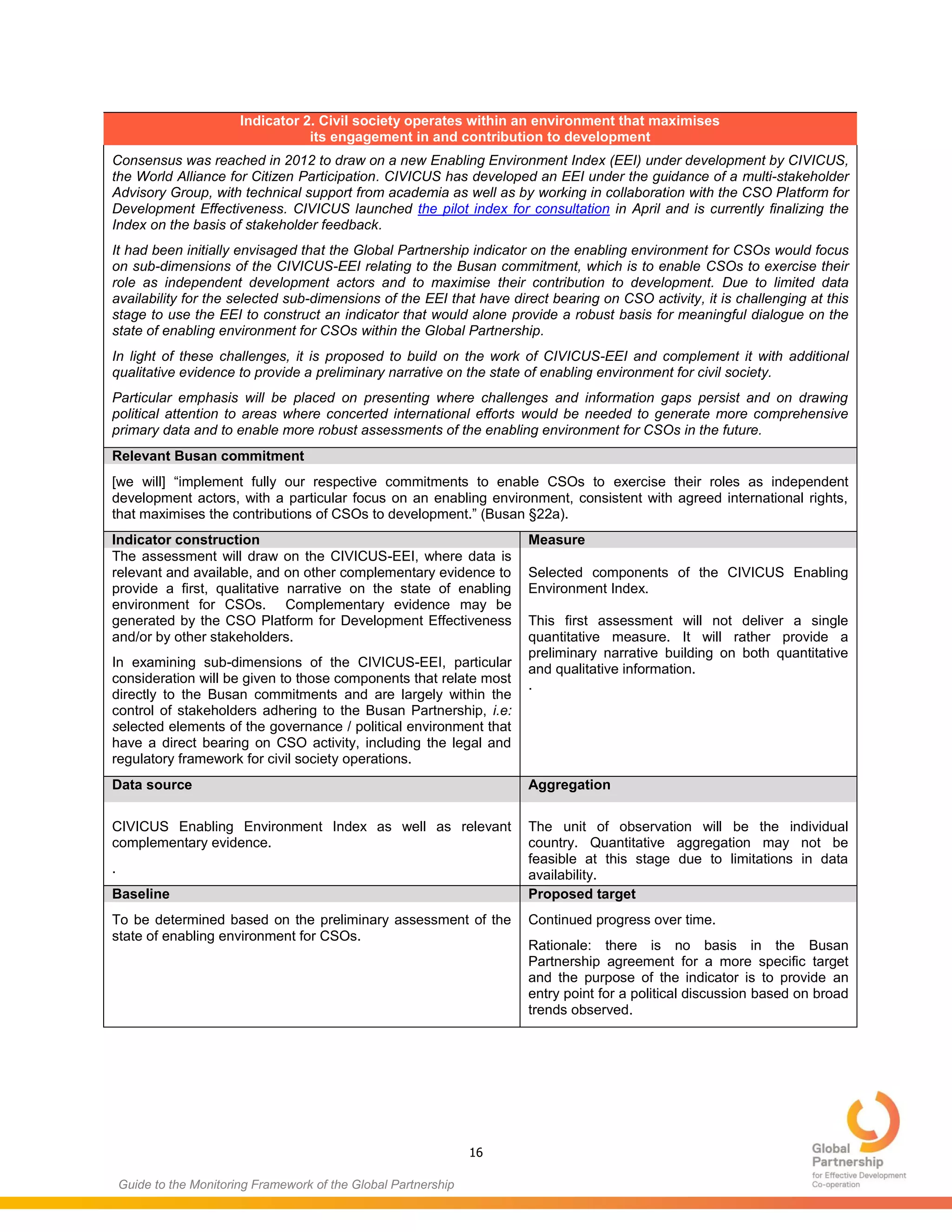 16
Guide to the Monitoring Framework of the Global Partnership
Indicator 2. Civil society operates within an environment that maximises
its engagement in and contribution to development
Consensus was reached in 2012 to draw on a new Enabling Environment Index (EEI) under development by CIVICUS,
the World Alliance for Citizen Participation. CIVICUS has developed an EEI under the guidance of a multi-stakeholder
Advisory Group, with technical support from academia as well as by working in collaboration with the CSO Platform for
Development Effectiveness. CIVICUS launched the pilot index for consultation in April and is currently finalizing the
Index on the basis of stakeholder feedback.
It had been initially envisaged that the Global Partnership indicator on the enabling environment for CSOs would focus
on sub-dimensions of the CIVICUS-EEI relating to the Busan commitment, which is to enable CSOs to exercise their
role as independent development actors and to maximise their contribution to development. Due to limited data
availability for the selected sub-dimensions of the EEI that have direct bearing on CSO activity, it is challenging at this
stage to use the EEI to construct an indicator that would alone provide a robust basis for meaningful dialogue on the
state of enabling environment for CSOs within the Global Partnership.
In light of these challenges, it is proposed to build on the work of CIVICUS-EEI and complement it with additional
qualitative evidence to provide a preliminary narrative on the state of enabling environment for civil society.
Particular emphasis will be placed on presenting where challenges and information gaps persist and on drawing
political attention to areas where concerted international efforts would be needed to generate more comprehensive
primary data and to enable more robust assessments of the enabling environment for CSOs in the future.
Relevant Busan commitment
[we will] “implement fully our respective commitments to enable CSOs to exercise their roles as independent
development actors, with a particular focus on an enabling environment, consistent with agreed international rights,
that maximises the contributions of CSOs to development.” (Busan §22a).
Indicator construction Measure
The assessment will draw on the CIVICUS-EEI, where data is
relevant and available, and on other complementary evidence to
provide a first, qualitative narrative on the state of enabling
environment for CSOs. Complementary evidence may be
generated by the CSO Platform for Development Effectiveness
and/or by other stakeholders.
In examining sub-dimensions of the CIVICUS-EEI, particular
consideration will be given to those components that relate most
directly to the Busan commitments and are largely within the
control of stakeholders adhering to the Busan Partnership, i.e:
selected elements of the governance / political environment that
have a direct bearing on CSO activity, including the legal and
regulatory framework for civil society operations.
Selected components of the CIVICUS Enabling
Environment Index.
This first assessment will not deliver a single
quantitative measure. It will rather provide a
preliminary narrative building on both quantitative
and qualitative information.
.
Data source Aggregation
CIVICUS Enabling Environment Index as well as relevant
complementary evidence.
.
The unit of observation will be the individual
country. Quantitative aggregation may not be
feasible at this stage due to limitations in data
availability.
Baseline Proposed target
To be determined based on the preliminary assessment of the
state of enabling environment for CSOs.
Continued progress over time.
Rationale: there is no basis in the Busan
Partnership agreement for a more specific target
and the purpose of the indicator is to provide an
entry point for a political discussion based on broad
trends observed.
 