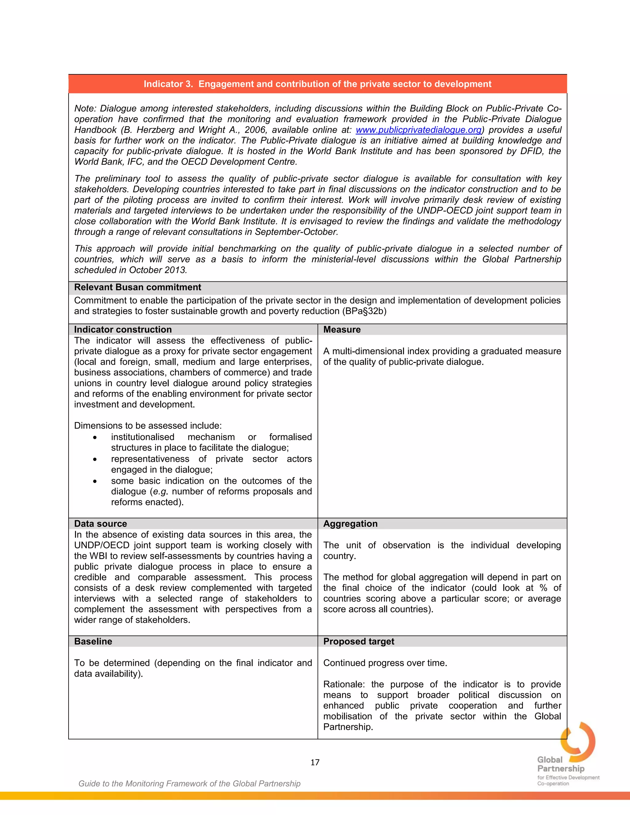 17
Guide to the Monitoring Framework of the Global Partnership
Indicator 3. Engagement and contribution of the private sector to development
Note: Dialogue among interested stakeholders, including discussions within the Building Block on Public-Private Co-
operation have confirmed that the monitoring and evaluation framework provided in the Public-Private Dialogue
Handbook (B. Herzberg and Wright A., 2006, available online at: www.publicprivatedialogue.org) provides a useful
basis for further work on the indicator. The Public-Private dialogue is an initiative aimed at building knowledge and
capacity for public-private dialogue. It is hosted in the World Bank Institute and has been sponsored by DFID, the
World Bank, IFC, and the OECD Development Centre.
The preliminary tool to assess the quality of public-private sector dialogue is available for consultation with key
stakeholders. Developing countries interested to take part in final discussions on the indicator construction and to be
part of the piloting process are invited to confirm their interest. Work will involve primarily desk review of existing
materials and targeted interviews to be undertaken under the responsibility of the UNDP-OECD joint support team in
close collaboration with the World Bank Institute. It is envisaged to review the findings and validate the methodology
through a range of relevant consultations in September-October.
This approach will provide initial benchmarking on the quality of public-private dialogue in a selected number of
countries, which will serve as a basis to inform the ministerial-level discussions within the Global Partnership
scheduled in October 2013.
Relevant Busan commitment
Commitment to enable the participation of the private sector in the design and implementation of development policies
and strategies to foster sustainable growth and poverty reduction (BPa§32b)
Indicator construction Measure
The indicator will assess the effectiveness of public-
private dialogue as a proxy for private sector engagement
(local and foreign, small, medium and large enterprises,
business associations, chambers of commerce) and trade
unions in country level dialogue around policy strategies
and reforms of the enabling environment for private sector
investment and development.
Dimensions to be assessed include:
 institutionalised mechanism or formalised
structures in place to facilitate the dialogue;
 representativeness of private sector actors
engaged in the dialogue;
 some basic indication on the outcomes of the
dialogue (e.g. number of reforms proposals and
reforms enacted).
A multi-dimensional index providing a graduated measure
of the quality of public-private dialogue.
Data source Aggregation
In the absence of existing data sources in this area, the
UNDP/OECD joint support team is working closely with
the WBI to review self-assessments by countries having a
public private dialogue process in place to ensure a
credible and comparable assessment. This process
consists of a desk review complemented with targeted
interviews with a selected range of stakeholders to
complement the assessment with perspectives from a
wider range of stakeholders.
The unit of observation is the individual developing
country.
The method for global aggregation will depend in part on
the final choice of the indicator (could look at % of
countries scoring above a particular score; or average
score across all countries).
Baseline Proposed target
To be determined (depending on the final indicator and
data availability).
Continued progress over time.
Rationale: the purpose of the indicator is to provide
means to support broader political discussion on
enhanced public private cooperation and further
mobilisation of the private sector within the Global
Partnership.
 