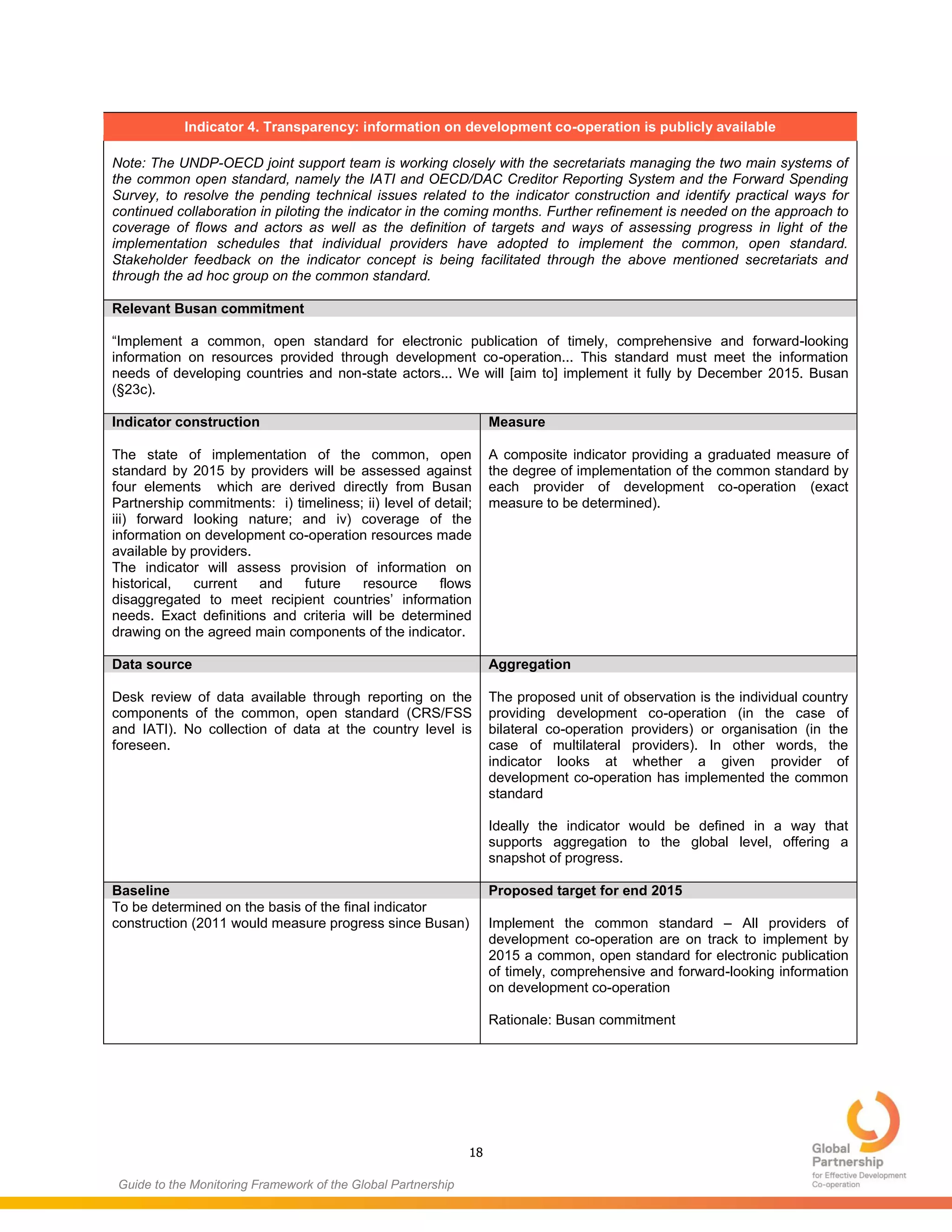 18
Guide to the Monitoring Framework of the Global Partnership
Indicator 4. Transparency: information on development co-operation is publicly available
Note: The UNDP-OECD joint support team is working closely with the secretariats managing the two main systems of
the common open standard, namely the IATI and OECD/DAC Creditor Reporting System and the Forward Spending
Survey, to resolve the pending technical issues related to the indicator construction and identify practical ways for
continued collaboration in piloting the indicator in the coming months. Further refinement is needed on the approach to
coverage of flows and actors as well as the definition of targets and ways of assessing progress in light of the
implementation schedules that individual providers have adopted to implement the common, open standard.
Stakeholder feedback on the indicator concept is being facilitated through the above mentioned secretariats and
through the ad hoc group on the common standard.
Relevant Busan commitment
“Implement a common, open standard for electronic publication of timely, comprehensive and forward-looking
information on resources provided through development co-operation... This standard must meet the information
needs of developing countries and non-state actors... We will [aim to] implement it fully by December 2015. Busan
(§23c).
Indicator construction Measure
The state of implementation of the common, open
standard by 2015 by providers will be assessed against
four elements which are derived directly from Busan
Partnership commitments: i) timeliness; ii) level of detail;
iii) forward looking nature; and iv) coverage of the
information on development co-operation resources made
available by providers.
The indicator will assess provision of information on
historical, current and future resource flows
disaggregated to meet recipient countries’ information
needs. Exact definitions and criteria will be determined
drawing on the agreed main components of the indicator.
A composite indicator providing a graduated measure of
the degree of implementation of the common standard by
each provider of development co-operation (exact
measure to be determined).
Data source Aggregation
Desk review of data available through reporting on the
components of the common, open standard (CRS/FSS
and IATI). No collection of data at the country level is
foreseen.
The proposed unit of observation is the individual country
providing development co-operation (in the case of
bilateral co-operation providers) or organisation (in the
case of multilateral providers). In other words, the
indicator looks at whether a given provider of
development co-operation has implemented the common
standard
Ideally the indicator would be defined in a way that
supports aggregation to the global level, offering a
snapshot of progress.
Baseline Proposed target for end 2015
To be determined on the basis of the final indicator
construction (2011 would measure progress since Busan) Implement the common standard – All providers of
development co-operation are on track to implement by
2015 a common, open standard for electronic publication
of timely, comprehensive and forward-looking information
on development co-operation
Rationale: Busan commitment
 