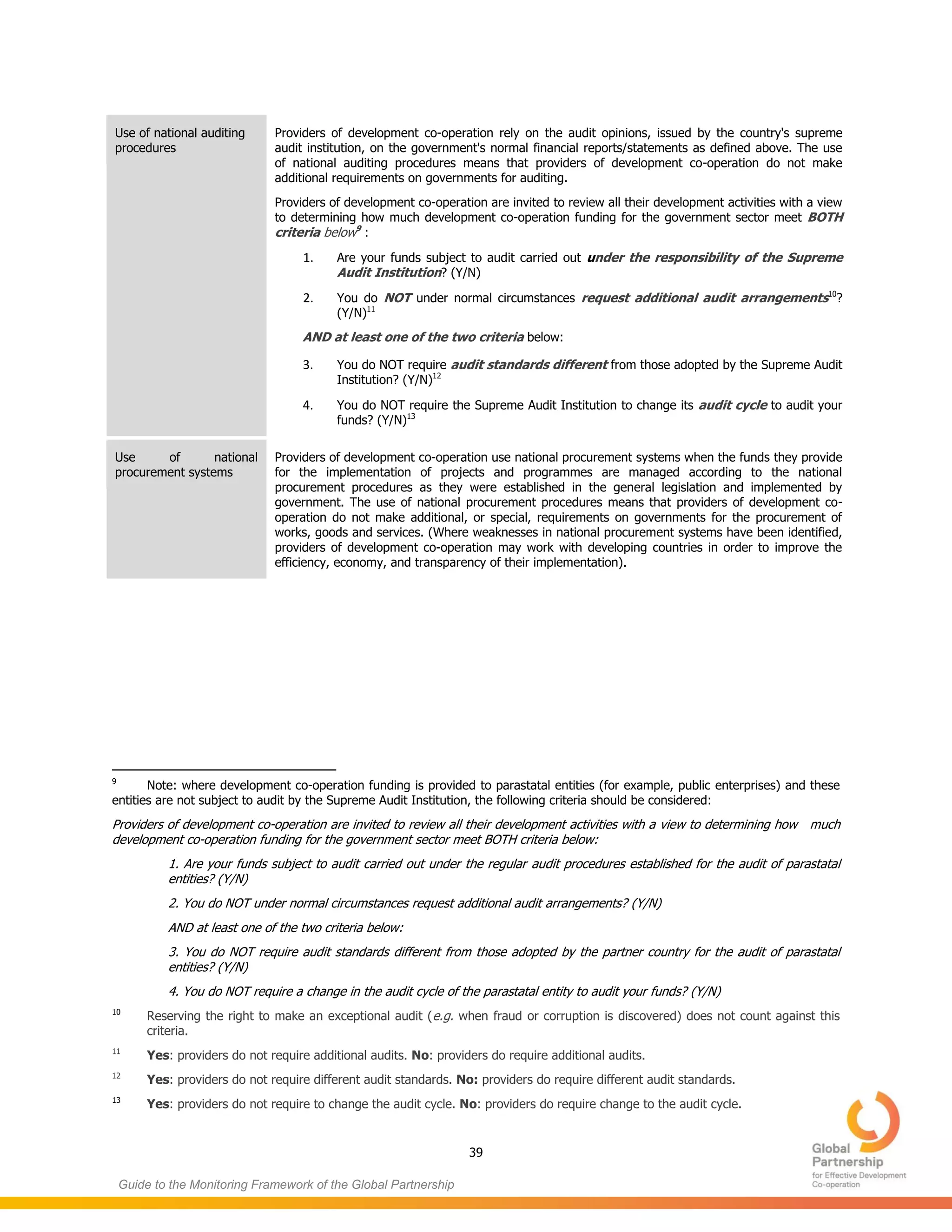 39
Guide to the Monitoring Framework of the Global Partnership
Use of national auditing
procedures
Providers of development co-operation rely on the audit opinions, issued by the country's supreme
audit institution, on the government's normal financial reports/statements as defined above. The use
of national auditing procedures means that providers of development co-operation do not make
additional requirements on governments for auditing.
Providers of development co-operation are invited to review all their development activities with a view
to determining how much development co-operation funding for the government sector meet BOTH
criteria below9
:
1. Are your funds subject to audit carried out under the responsibility of the Supreme
Audit Institution? (Y/N)
2. You do NOT under normal circumstances request additional audit arrangements10
?
(Y/N)11
AND at least one of the two criteria below:
3. You do NOT require audit standards different from those adopted by the Supreme Audit
Institution? (Y/N)12
4. You do NOT require the Supreme Audit Institution to change its audit cycle to audit your
funds? (Y/N)13
Use of national
procurement systems
Providers of development co-operation use national procurement systems when the funds they provide
for the implementation of projects and programmes are managed according to the national
procurement procedures as they were established in the general legislation and implemented by
government. The use of national procurement procedures means that providers of development co-
operation do not make additional, or special, requirements on governments for the procurement of
works, goods and services. (Where weaknesses in national procurement systems have been identified,
providers of development co-operation may work with developing countries in order to improve the
efficiency, economy, and transparency of their implementation).
9
Note: where development co-operation funding is provided to parastatal entities (for example, public enterprises) and these
entities are not subject to audit by the Supreme Audit Institution, the following criteria should be considered:
Providers of development co-operation are invited to review all their development activities with a view to determining how much
development co-operation funding for the government sector meet BOTH criteria below:
1. Are your funds subject to audit carried out under the regular audit procedures established for the audit of parastatal
entities? (Y/N)
2. You do NOT under normal circumstances request additional audit arrangements? (Y/N)
AND at least one of the two criteria below:
3. You do NOT require audit standards different from those adopted by the partner country for the audit of parastatal
entities? (Y/N)
4. You do NOT require a change in the audit cycle of the parastatal entity to audit your funds? (Y/N)
10
Reserving the right to make an exceptional audit (e.g. when fraud or corruption is discovered) does not count against this
criteria.
11
Yes: providers do not require additional audits. No: providers do require additional audits.
12
Yes: providers do not require different audit standards. No: providers do require different audit standards.
13
Yes: providers do not require to change the audit cycle. No: providers do require change to the audit cycle.
 