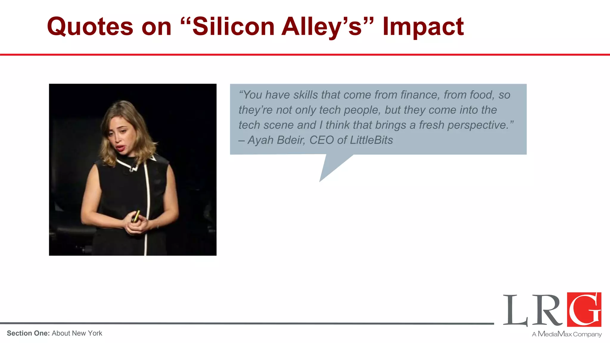 Quotes on “Silicon Alley’s” Impact
“You have skills that come from finance, from food, so
they’re not only tech people, but they come into the
tech scene and I think that brings a fresh perspective.”
– Ayah Bdeir, CEO of LittleBits
Section One: About New York
 