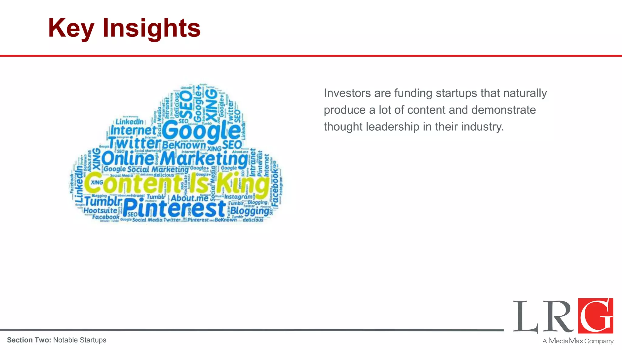 Key Insights
Investors are funding startups that naturally
produce a lot of content and demonstrate
thought leadership in their industry.
Section Two: Notable Startups
 
