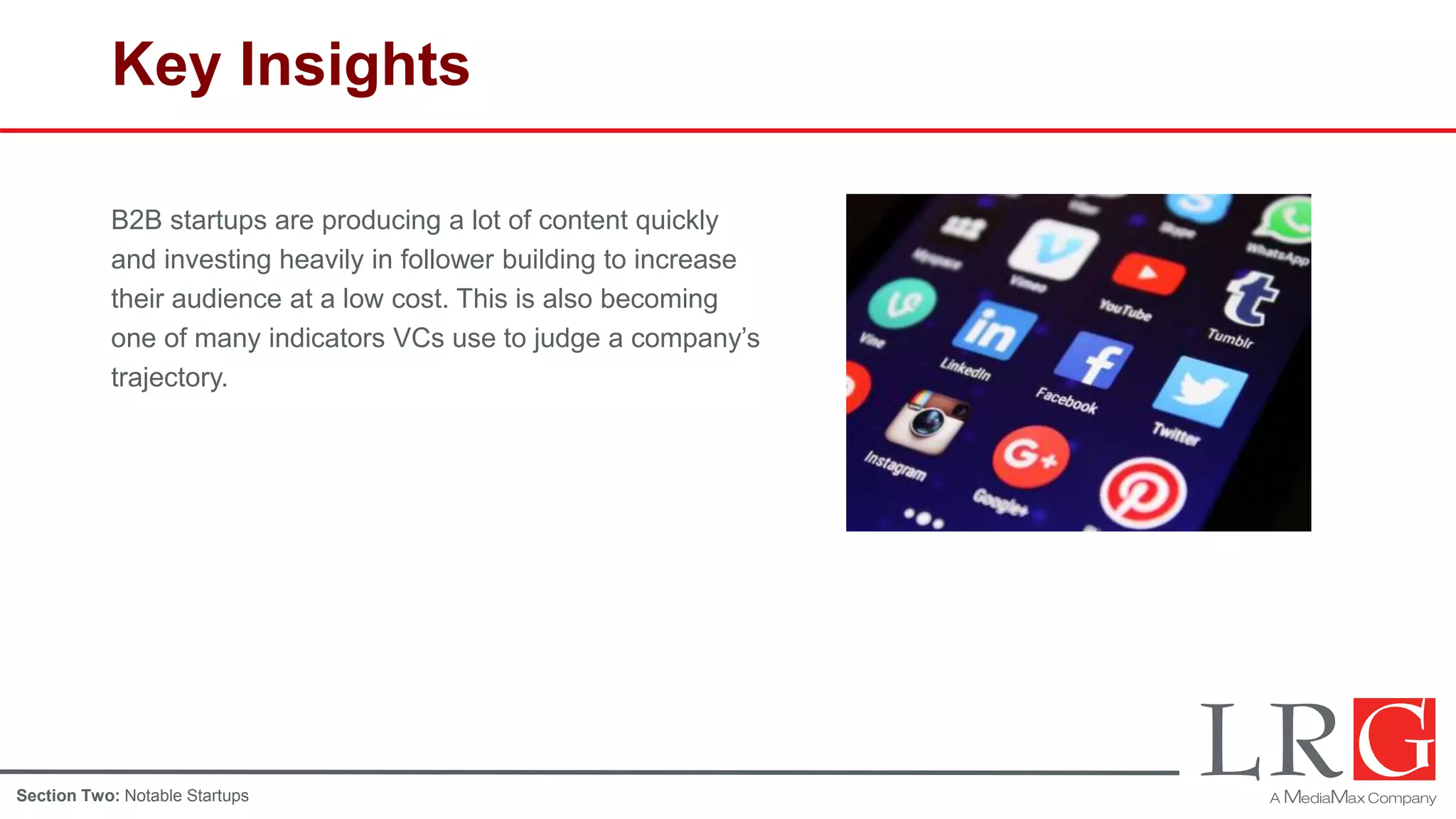 Key Insights
B2B startups are producing a lot of content quickly
and investing heavily in follower building to increase
their audience at a low cost. This is also becoming
one of many indicators VCs use to judge a company’s
trajectory.
Section Two: Notable Startups
 