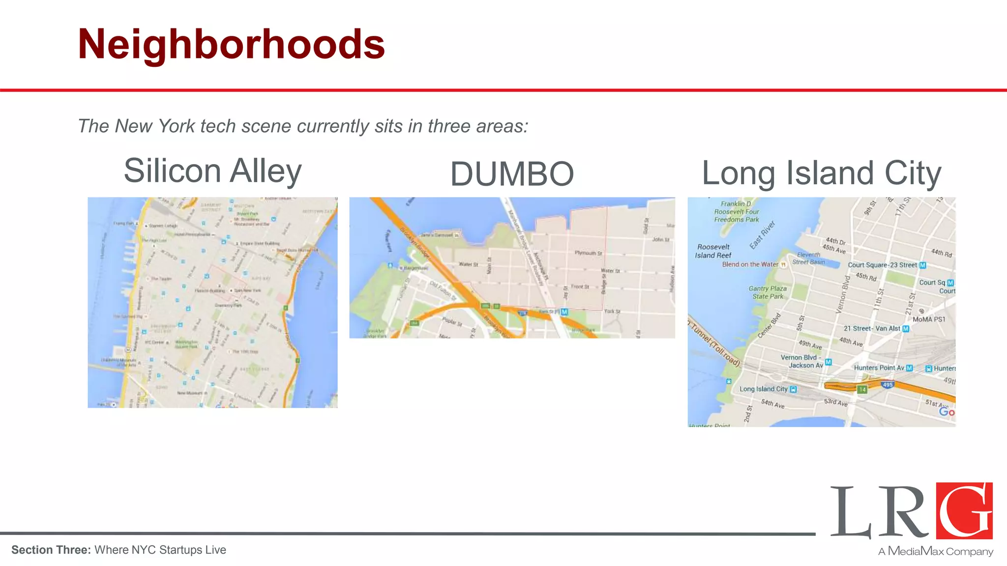 Neighborhoods
The New York tech scene currently sits in three areas:
Silicon Alley DUMBO Long Island City
Section Three: Where NYC Startups Live
 