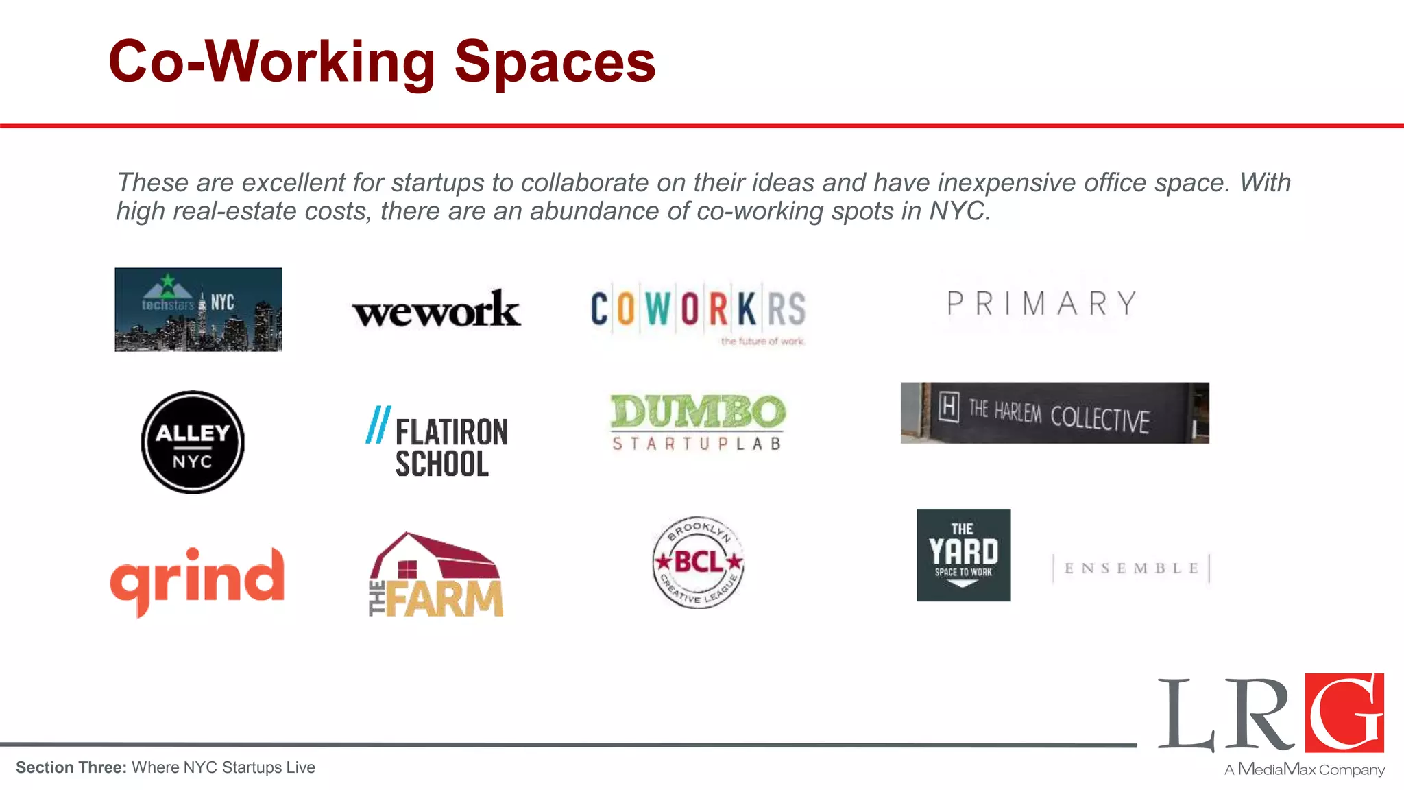 Co-Working Spaces
These are excellent for startups to collaborate on their ideas and have inexpensive office space. With
high real-estate costs, there are an abundance of co-working spots in NYC.
Section Three: Where NYC Startups Live
 