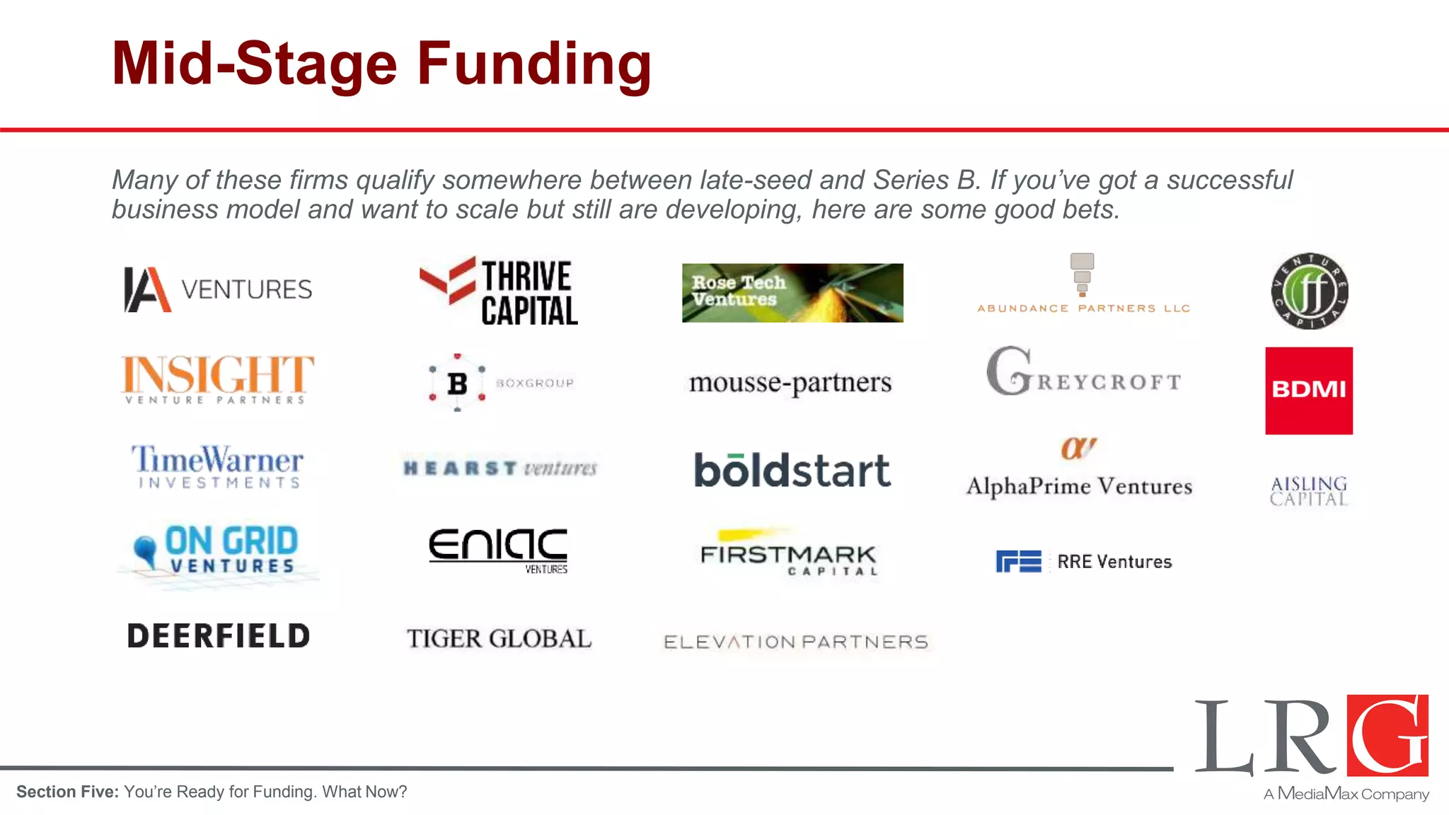 Mid-Stage Funding
Many of these firms qualify somewhere between late-seed and Series B. If you’ve got a successful
business model and want to scale but still are developing, here are some good bets.
Section Five: You’re Ready for Funding. What Now?
 