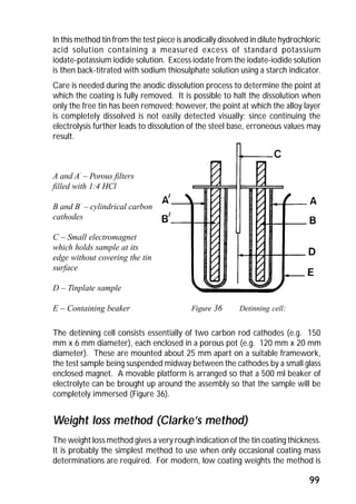 In this method tin from the test piece is anodically dissolved in dilute hydrochloric 
acid solution containing a measured excess of standard potassium 
iodate-potassium iodide solution. Excess iodate from the iodate-iodide solution 
is then back-titrated with sodium thiosulphate solution using a starch indicator. 
Care is needed during the anodic dissolution process to determine the point at 
which the coating is fully removed. It is possible to halt the dissolution when 
only the free tin has been removed; however, the point at which the alloy layer 
is completely dissolved is not easily detected visually; since continuing the 
electrolysis further leads to dissolution of the steel base, erroneous values may 
result. 
99 
A and A’ – Porous filters 
filled with 1:4 HCl 
B and B’ – cylindrical carbon 
cathodes 
C – Small electromagnet 
which holds sample at its 
edge without covering the tin 
surface 
D – Tinplate sample 
E – Containing beaker 
Figure 36 Detinning cell: 
The detinning cell consists essentially of two carbon rod cathodes (e.g. 150 
mm x 6 mm diameter), each enclosed in a porous pot (e.g. 120 mm x 20 mm 
diameter). These are mounted about 25 mm apart on a suitable framework, 
the test sample being suspended midway between the cathodes by a small glass 
enclosed magnet. A movable platform is arranged so that a 500 ml beaker of 
electrolyte can be brought up around the assembly so that the sample will be 
completely immersed (Figure 36). 
Weight loss method (Clarke’s method) 
The weight loss method gives a very rough indication of the tin coating thickness. 
It is probably the simplest method to use when only occasional coating mass 
determinations are required. For modern, low coating weights the method is 
 