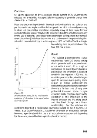 Procedure 
Set up the apparatus to give a constant anodic current of 25 mA/cm2 on the 
selected test area and to make possible the recording of potential change from 
-200 mV to + 1500 mV. 
Place the specimen in position in the electrolysis cell add the test solution and 
put the electrodes in place with solution open to air. (It is not usually necessary 
to clean test material but sometimes especially heavy oil films, some form of 
contamination or lacquer may have to be removed and this should be done only 
by the use of solvents, since electrolytic cleaning or strong alkalis may remove 
some chromium.) Switch on the current and continue until the potential against 
saturated calomel electrode is in the region + 1300 to 1500 mV with a straight 
104 
0 180 360 
TIME .s 0 
1.5 
1.0 
0.5 
Figure 38 
Potential/time curve for the coulometric 
oxidation of chromium in the passivation 
layer of tinplate 
line relating time to potential over the 
final 200 mV at least. 
Result 
The typical potential/time curve 
obtained (as Figure 38) shows a sharp 
rise in potential with a sudden break, 
often with a cusp, to a stage of 
nonexistent or much slower change of 
potential as the chromium is oxidised, 
usually in the region of +700 mV. As 
oxidation proceeds the potential begins 
again to increase more quickly and a 
region of linear potential/time 
relationship is reached before ultimately 
there is a further step of very slow 
potential increase when oxygen 
evolution starts. The time taken by the 
oxidation of the chromium is the 
interval between the first sharp break 
and the final change to a linear 
relationship. For the solution and 
conditions described, a typical value equivalence would be that 1 mC/cm2, i.e. 
40 sec. at 25 mA/cm2 indicates 0.1mA/cm2 of chromium on the surface. It must, 
however, again be stated that this is an approximate measurement depending 
for its accuracy on calibration against a chemical method. 
 