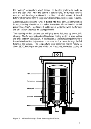 the “soaking” temperature, which depends on the steel grade to be made, as 
does the soak time. After the period at temperature, the furnace cover is 
removed and the charge is allowed to cool in a controlled manner. A typical 
batch cycle can range from 10 to 30 hours depending on the steel grade required. 
A continuous annealing line (CAL) is divided into three parts, an entry section 
for strip cleaning, a furnace section and an exit section. Modern continuous and 
process lines (CAPL), see Figures 7 and 8, have a section between the furnace 
and exit section known as the overage section. 
The cleaning section contains dip and spray tanks, followed by electrolytic 
cleaning. The furnace section is split up into a heating section, a soak section 
and a fast and slow cool section. In each section, a slightly reducing atmosphere 
is maintained and the strip makes a number of vertical passes through the full 
height of the furnace. The temperature cycle comprises heating rapidly to 
about 680°C, holding at temperature for 20-25 seconds, controlled cooling to 
11 
Figure 6 General view of a batch annealing installation. 
 