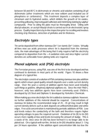 between 50 and 85°C in dichromate or chromic acid solution containing 20 g/l 
dichromate (other treatments which are now seldom used included use of 
phosphates or carbonates). This treatment deposits a complex layer of 
chromium and its hydrated oxides, which inhibits the growth of tin oxides, 
preventing yellowing, improving paint adhesion and minimising staining by sulphur 
compounds. Prior to oiling the plate must be thoroughly dried. Oiling with 
dioctyl sebacate, or acetyl tributyl citrate is carried out in an electrostatic spray 
process. Quality inspection is by in-line inspection prior to recoiling and involves 
checking strip thickness, detection of pinholes and tin thickness. 
Electrolyte types 
Tin can be deposited from either stannous (Sn2+) or stannic (Sn4+) states. Virtually 
all lines now use acidic processes where tin is deposited from the stannous 
state, the main advantages of this being that it only requires half the electricity 
compared to deposition from the +4 oxidation state and since higher current 
densities are achievable fewer plating tanks are required. 
Phenol sulphonic acid (PSA) electrolyte 
The Ferrostan process, using PSA, was one of the first to be developed and has 
continued to dominate in most parts of the world. Figure 10 shows a flow 
diagram of a typical line. 
The electrolyte consists of a solution of PSA containing stannous ions plus addition 
agents which ensure good quality smooth deposits over a wide current density 
range. Over the years a variety of addition agents have been used including 
such things as gelatine, dihydroxy diphenyl sulphone etc. Since the mid-1960’s, 
however, only two addition agents have been commonly used: ENSA-6, 
developed by US Steel and Diphone V, developed by Yorkshire Chemicals. 
When making up a new electrolyte the tin is added as stannous sulphate; however, 
no further additions of this material should be required. Concentrations of 
stannous tin below the recommended range of 25 - 35 g/l may result in high 
current density defects such as dark deposits on unflowmelted plate and white 
edges. Free acid concentration is maintained by periodic additions of PSA. Low 
acid levels reduce the conductivity of the bath and therefore require higher 
operating voltages to pass the required current. Oxidation of tin (II) to tin (IV) 
occurs more rapidly at low acid levels increasing the amount of sludge. This is 
a waste of tin, since once tin (IV) has been formed it is no longer able to be 
plated out. On a typical well run line, tin lost as tin (IV) should be about 3 - 5 kg 
per 24 hours operation. If the addition agent concentration falls too low the 
18 
 