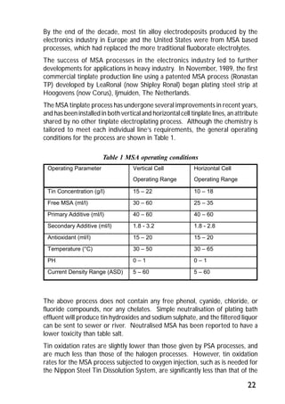 By the end of the decade, most tin alloy electrodeposits produced by the 
electronics industry in Europe and the United States were from MSA based 
processes, which had replaced the more traditional fluoborate electrolytes. 
The success of MSA processes in the electronics industry led to further 
developments for applications in heavy industry. In November, 1989, the first 
commercial tinplate production line using a patented MSA process (Ronastan 
TP) developed by LeaRonal (now Shipley Ronal) began plating steel strip at 
Hoogovens (now Corus), Ijmuiden, The Netherlands. 
The MSA tinplate process has undergone several improvements in recent years, 
and has been installed in both vertical and horizontal cell tinplate lines, an attribute 
shared by no other tinplate electroplating process. Although the chemistry is 
tailored to meet each individual line’s requirements, the general operating 
conditions for the process are shown in Table 1. 
22 
Table 1 MSA operating conditions 
Operating Parameter Vertical Cell 
Operating Range 
Horizontal Cell 
Operating Range 
Tin Concentration (g/l) 15 – 22 10 – 18 
Free MSA (ml/l) 30 – 60 25 – 35 
Primary Additive (ml/l) 40 – 60 40 – 60 
Secondary Additive (ml/l) 1.8 - 3.2 1.8 - 2.8 
Antioxidant (ml/l) 15 – 20 15 – 20 
Temperature (°C) 30 – 50 30 – 65 
PH 0 – 1 0 – 1 
Current Density Range (ASD) 5 – 60 5 – 60 
The above process does not contain any free phenol, cyanide, chloride, or 
fluoride compounds, nor any chelates. Simple neutralisation of plating bath 
effluent will produce tin hydroxides and sodium sulphate, and the filtered liquor 
can be sent to sewer or river. Neutralised MSA has been reported to have a 
lower toxicity than table salt. 
Tin oxidation rates are slightly lower than those given by PSA processes, and 
are much less than those of the halogen processes. However, tin oxidation 
rates for the MSA process subjected to oxygen injection, such as is needed for 
the Nippon Steel Tin Dissolution System, are significantly less than that of the 
 