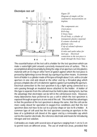 92 
Electrolysis test cell 
Figure 33 
Diagram of simple cell for 
coulometric measurements on 
tinplate. 
The components are: 
A-test piece; 
B-O-ring; 
C-brass base; 
D-cell body, a cylinder of 
transparent plastics material; 
E-counter electrode of 
platinum wire; 
F-tip of calomel reference 
electrode; 
G-inlet and outlet tubes for 
inert gas. Electrical 
connection to the test piece is 
made through the brass base. 
The essential feature of the test cell is a holder for the test specimen which can 
make a watertight joint around a precisely measured area of surface. This is 
accomplished almost invariably by lining the edge of an aperture cut into plastics 
material with an O-ring or other form of gasket against which the test piece is 
pressed by tightening a screw thread, by a spring or by other means. A common 
form of holder is a cylinder made of Perspex of length about 3 cm, with a circular 
aperture in one end and closed at the other end by a threaded plug which 
presses a tinplate disc of 5 cm diameter against a gasket surrounding the aperture. 
Electrical connection to the test specimen is by a light spring connected to a 
wire passing through an insulated sleeve attached to the holder. A holder of 
this type is separate from the cell and must be held in place during tests, but has 
the advantage that electrolyte can be left in the cell between tests. However, 
many laboratories have preferred to use a cell in which the test specimen is 
exposed through an aperture at one end of the cell. This method has advantages 
in that the position of the test specimen is always the same, that the cell can be 
more easily closed for operation in oxygen-free conditions and that the test 
specimen does not have to be cut to a precise shape or size to fit a holder. A 
common type of cell used has the test specimen covering an aperture in the 
base of a cyclindrical cell closed at the upper end by a removable cap which 
carries the counter-electrode, the reference electrode and means for introducing 
nitrogen and test solution. 
Cell bodies are made with several sizes of aperture ranging from 1 cm to 5 cm 
to permit tests on different areas. The use of small test areas, provided that 
 
