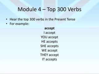 Module 4 – Top 300 Verbs
• Hear the top 300 verbs in the Present Tense
• For example:
accept
I accept
YOU accept
HE accepts
SHE accepts
WE accept
THEY accept
IT accepts

 