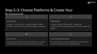 Step 2–3: Choose Platforms & Create Your
Framework
B2C Brands
Instagram, TikTok, YouTube — visual-first platforms where
consumer content thrives and discovery happens organically.
B2B Brands
LinkedIn, Twitter (X), Slack, Reddit — professional
communities where thought leadership and peer reviews carry
weight.
eCommerce
Amazon reviews, Shopify testimonials, Pinterest — purchase-
intent platforms where social proof directly impacts sales.
Encourage Submissions
Branded hashtags, contests, weekly features, and perks for
contributors keep the content pipeline flowing.
 