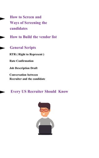 How to Screen and
Ways of Screening the
candidates
How to Build the vendor list
General Scripts
RTR ( Right to Represent )
Rate Confirmation
Job Description Draft
Conversation between
Recruiter and the candidate
Every US Recruiter Should Know
 