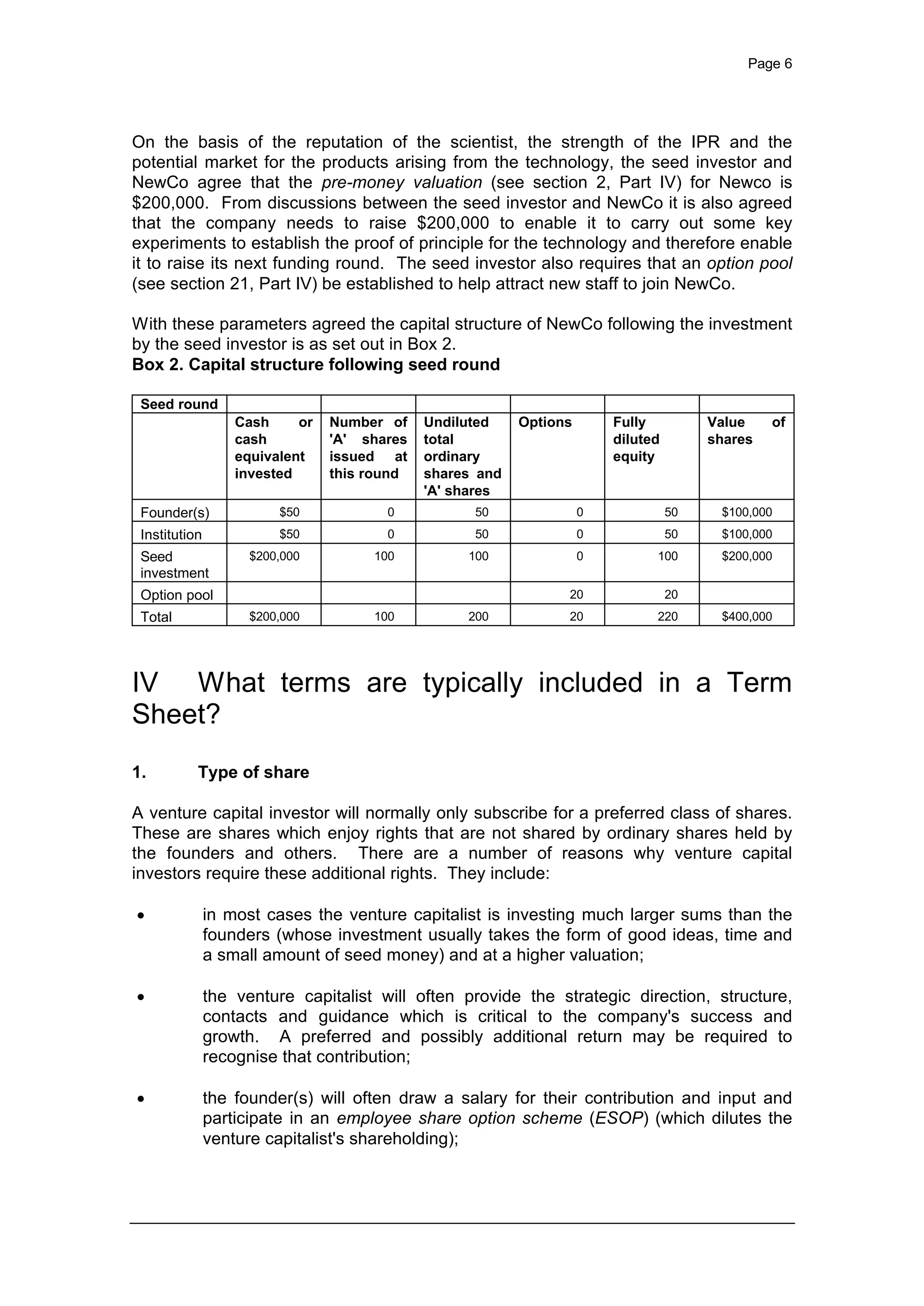 Page 6
On the basis of the reputation of the scientist, the strength of the IPR and the
potential market for the products arising from the technology, the seed investor and
NewCo agree that the pre-money valuation (see section 2, Part IV) for Newco is
$200,000. From discussions between the seed investor and NewCo it is also agreed
that the company needs to raise $200,000 to enable it to carry out some key
experiments to establish the proof of principle for the technology and therefore enable
it to raise its next funding round. The seed investor also requires that an option pool
(see section 21, Part IV) be established to help attract new staff to join NewCo.
With these parameters agreed the capital structure of NewCo following the investment
by the seed investor is as set out in Box 2.
Box 2. Capital structure following seed round
Seed round
Cash or
cash
equivalent
invested
Number of
'A' shares
issued at
this round
Undiluted
total
ordinary
shares and
'A' shares
Options Fully
diluted
equity
Value of
shares
Founder(s) $50 0 50 0 50 $100,000
Institution $50 0 50 0 50 $100,000
Seed
investment
$200,000 100 100 0 100 $200,000
Option pool 20 20
Total $200,000 100 200 20 220 $400,000
IV What terms are typically included in a Term
Sheet?
1. Type of share
A venture capital investor will normally only subscribe for a preferred class of shares.
These are shares which enjoy rights that are not shared by ordinary shares held by
the founders and others. There are a number of reasons why venture capital
investors require these additional rights. They include:
· in most cases the venture capitalist is investing much larger sums than the
founders (whose investment usually takes the form of good ideas, time and
a small amount of seed money) and at a higher valuation;
· the venture capitalist will often provide the strategic direction, structure,
contacts and guidance which is critical to the company's success and
growth. A preferred and possibly additional return may be required to
recognise that contribution;
· the founder(s) will often draw a salary for their contribution and input and
participate in an employee share option scheme (ESOP) (which dilutes the
venture capitalist's shareholding);
 
