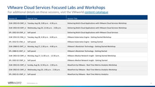 13©2018 VMware, Inc.
VMware Cloud Services Focused Labs and Workshops
Session ID Date & Time Session Title
ELW-1902-03-CMP_U Tuesday, Aug 28, 3:00 p.m. - 4:30 p.m. Delivering Multi-Cloud Applications with VMware Cloud Services Workshop
ELW-1902-03-CMP_U Wednesday, Aug 29, 12:30 p.m. - 2:00 p.m. Delivering Multi-Cloud Applications with VMware Cloud Services Workshop
SPL-1902-03-CMP_U Self-paced Delivering Multi-Cloud Applications with VMware Cloud Services
ELW-1932-01-CNA_U Tuesday, Aug 28, 4:30 p.m. - 6:00 p.m. VMware Kubernetes Engine - Getting Started Workshop
SPL-1932-01-CNA_U Self-paced VMware Kubernetes Engine - Getting Started
ELW-1988-01-EMT_U Monday, Aug 27, 2:30 p.m. - 4:00 p.m. VMware's Blockchain Technology - Getting Started Workshop
SPL-1988-01-EMT_U Self-paced VMware's Blockchain Technology - Getting Started
ELW-1902-02-CMP_U Monday, Aug 27, 11:00 a.m. - 12:30 p.m. VMware vRealize Network Insight - Getting Started Workshop
SPL-1902-02-CMP_U Self-paced VMware vRealize Network Insight - Getting Started
ELW-1902-01-CMP_U Sunday, Aug 26, 12:30 p.m. - 2:00 p.m. Wavefront by VMware - Real-Time Metrics Analytics Workshop
ELW-1902-01-CMP_U Wednesday, Aug 29, 1:00 p.m. - 2:30 p.m. Wavefront by VMware - Real-Time Metrics Analytics Workshop
SPL-1902-01-CMP_U Self-paced Wavefront by VMware - Real-Time Metrics Analytics
For additional details on these sessions, visit the VMworld content catalogue
 