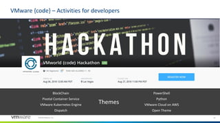 14©2018 VMware, Inc.
VMware {code} – Activities for developers
Themes
BlockChain
Pivotal Container Service
VMware Kubernetes Engine
Dispatch
PowerShell
Python
VMware Cloud on AWS
Open Theme
 