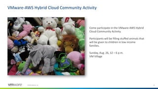 19©2018 VMware, Inc.
VMware-AWS Hybrid Cloud Community Activity
Come participate in the VMware-AWS Hybrid
Cloud Community Activity.
Participants will be filling stuffed animals that
will be given to children in low income
families.
Sunday, Aug. 26, 12 – 6 p.m.
VM Village
 