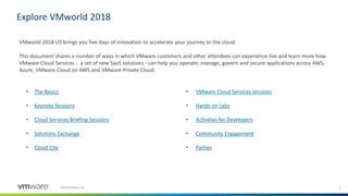 2©2018 VMware, Inc.
Explore VMworld 2018
• The Basics
• Keynote Sessions
• Cloud Services Briefing Sessions
• Solutions Exchange
• Cloud City
• VMware Cloud Services sessions
• Hands on Labs
• Activities for Developers
• Community Engagement
• Parties
VMworld 2018 US brings you five days of innovation to accelerate your journey to the cloud.
This document shares a number of ways in which VMware customers and other attendees can experience live and learn more how
VMware Cloud Services - a set of new SaaS solutions - can help you operate, manage, govern and secure applications across AWS,
Azure, VMware Cloud on AWS and VMware Private Cloud.
 