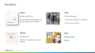 3©2018 VMware, Inc.
When
August 26-30, 2018
Onsite registration desk opens on
Sunday, August 26 at 7:00 AM
The Basics
Where
Mandalay Bay
3950 S Las Vegas Blvd, Las Vegas,
Nevada
Who
20,000+ attendees
IT executives, engineers, developers
from various industries
How
Content catalog
Agenda
 