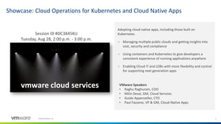5©2018 VMware, Inc.
Adopting cloud native apps, including those built on
Kubernetes
➢ Managing multiple public clouds and getting insights into
cost, security and compliance
➢ Using containers and Kubernetes to give developers a
consistent experience of running applications anywhere
➢ Enabling Cloud IT and LOBs with more flexibility and control
for supporting next generation apps
Showcase: Cloud Operations for Kubernetes and Cloud Native Apps
Session ID #DC3845KU
Tuesday, Aug 28, 2:00 p.m. - 3:00 p.m.
vmware cloud services VMware Speakers
• Raghu Raghuram, COO
• Milin Desai, GM, Cloud Services
• Guido Appenzeller, CTO
• Paul Fazzone, VP & GM, Cloud-Native Apps
 