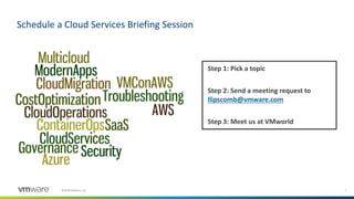 7©2018 VMware, Inc.
Schedule a Cloud Services Briefing Session
Step 1: Pick a topic
Step 2: Send a meeting request to
llipscomb@vmware.com
Step 3: Meet us at VMworld
 
