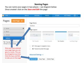 Naming Pages
You can name your pages in two places – see diagram below
Once created click on the Save and Edit the page
Once you have selected
your page type you can
give it a name. This can
be changed at any time.
Click the Save and Edit
to take you to that page
 